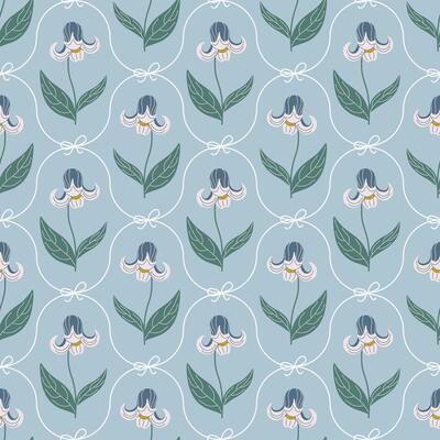 Vintage floral seamless pattern. Damask ornament with ribbon bows and bellflower. Retro print with beautiful plants for fabric, wallpaper, wrapping paper. Elegant hand drawn illustration.