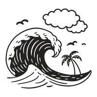 Monochrome Tropical Wave with Palm Tree and Birds in Minimalist Style vector