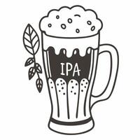 Hand drawn Craft IPA Beer Mug with Foam and Hop Leaf Illustration vector