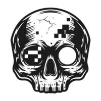 Pixelated skull art with cracks and digital elements in monochrome design vector
