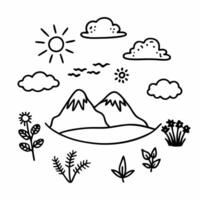 Simple Hand Drawn Nature Elements with Mountains and Clouds for Illustrations vector