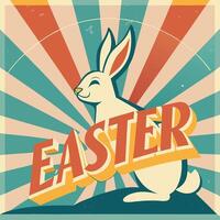 an easter poster with a rabbit sitting on a sunburst background vector