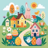 an illustration of an easter scene with a house, flowers, and a rabbit vector