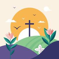 easter background with cross and flowers vector