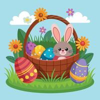 easter bunny in basket with colorful eggs and flowers vector