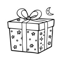 Hand Drawn Gift Box with Bow and Celestial Elements in Black and White vector