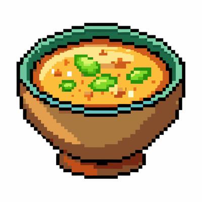Pixel Art Bowl of Soup with Green Garnish Retro Gaming Style Illustration
