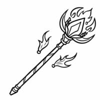 Fantasy Magic Staff Line Art with Flames for Coloring and Design Projects vector