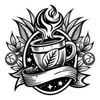 A black and white drawing of a cup of coffee with a leaf on it vector
