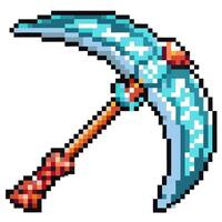 Pixel art pickaxe with blue blade 8 bit gaming tool, vintage digital mining, retro game icon vector