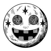 smiling moon face with swirling eyes and stars, whimsical black and white illustration vector