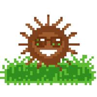 Pixelated smiling sun with sunglasses in grass on white background, retro 8 bit illustration vector