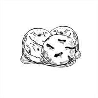 Three ice cream balls hand drawn sketch illustration in monochrome style. Black and white vanilla, chocolate, strawberry scoops etching drawing for summer design, dessert menus vector