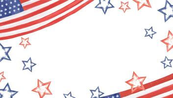 American flag and stars horizontal frame with empty space for text. Watercolor national patriotic symbols rectangle border isolated background. American Independence Day, Columbus Day greeting cards. vector