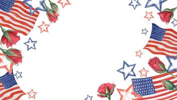Watercolor red roses, American flags, blue red stars horizontal frame with empty space for text. United State Memorial day or Independence day illustration isolated background. For patriotic design. vector