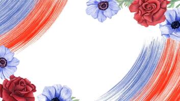 Remembrance Day floral frame in red blue colors. Roses and anemones with colored abstract brush strokes. Memorial day, Independence day. Watercolor illustration isolated background. with empty space. vector