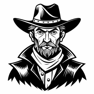 Vintage Cowboy Portrait in Black and White Illustrative Style