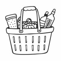 Doodle Style Picnic Basket with Bread and Drinks Hand Drawn Illustration vector