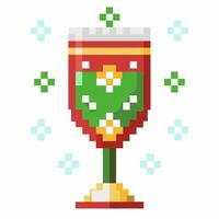 Pixel Art Chalice Retro Game Style Trophy Icon with Green and Red Details and Sparkles vector