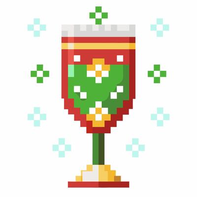Pixel Art Chalice Retro Game Style Trophy Icon with Green and Red Details and Sparkles