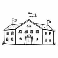 Charming Hand Drawn School Building with Flags in Black and White vector