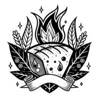 A black and white drawing of a pizza with a flame on top vector