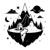 A mountain range with a house and a volcano in the middle vector