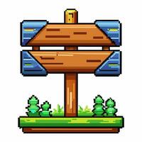 Retro Pixel Art Wooden Signpost with Greenery Gaming Icon vector