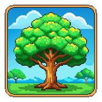 Vibrant Pixel Art of a Lush Tree in a Scenic Retro Game Environment vector