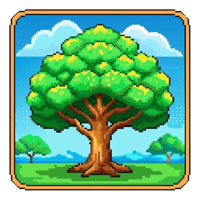 Vibrant Pixel Art of a Lush Tree in a Scenic Retro Game Environment
