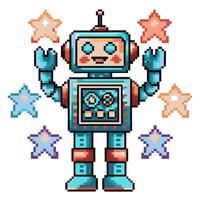 Pixelated robot with stars, retro gaming art, colorful nostalgic design vector