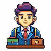 Pixel Art Businessman Character in Blue Suit with Briefcase and Boxes vector