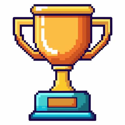 Pixel Art Golden Trophy with Blue Base Retro Game Icon of Victory and Achievement