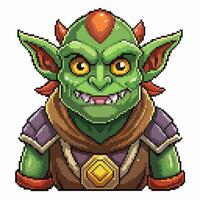 Pixel Art Goblin Character with Green Skin and Armor, Fantasy Gaming Icon vector