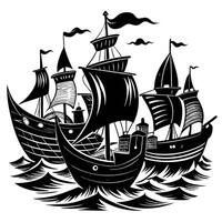 A black and white drawing of a ship with a flag on the mast vector