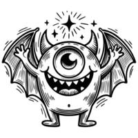 Cyclops bat owl hybrid, character wings, joyful expression, sketch vector