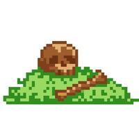 Pixel art skull and bone on grass retro gaming style, 8 bit cemetery, halloween atmosphere vector