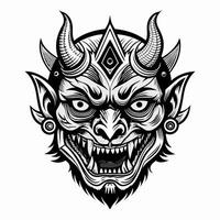 Intricate Demon Mask Illustration with Horns and Fangs in Black and White Design vector