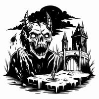 A skull with horns and a mouth open is in front of a castle vector