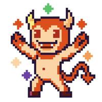 Pixel art evil character with horns and tail, celebrating with colorful sparkles around vector