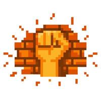 Pixelated fist breaking through brick wall symbolizing strength and power vector