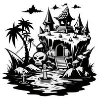 A black and white drawing of a castle with a skull on the front vector