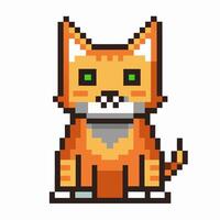 Pixel Art Orange Cat with Green Eyes and Mustache on a White Background vector