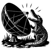 Crocodile with satellite dish illustration of reptile and communication technology vector