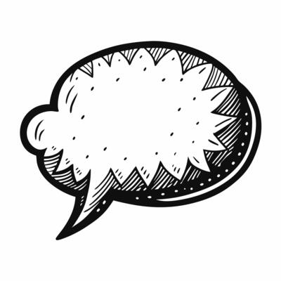 Hand Drawn Comic Speech Bubble in Black and White with Cross Hatch Shading on White Background