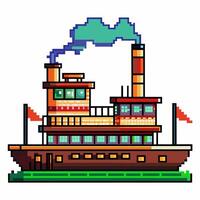 Pixel Art Steamboat with Colorful Flags and Steam Against White Background vector
