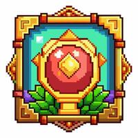 Pixelated Trophy Icon with Golden Frame and Laurel Leaves in Vibrant Colors vector