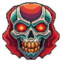 Pixel Art Skull with Glowing Eyes and Colorful Hood in Retro Style vector