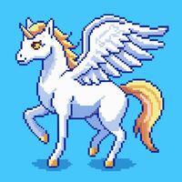 Pixel Art Winged Unicorn Retro 8 Bit Fantasy Creature on Blue Background vector
