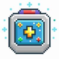 Pixel Art Icon of Retro Gaming Console with Plus Controller Decoration and Stars vector